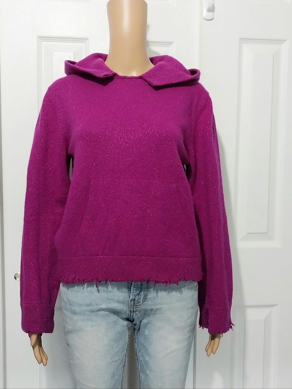 RtA Sparkle Distressed Cashmere Hooded Sweater, Size